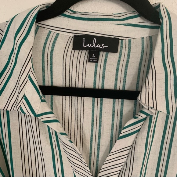 Lulus Green Stripe Linen Slit Button Front Dress Small - Picture 3 of 7